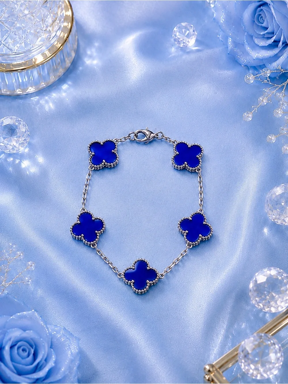 Royal Blue Clover 5 Motif Bracelet | Silver-Tone | Tarnish Resistant